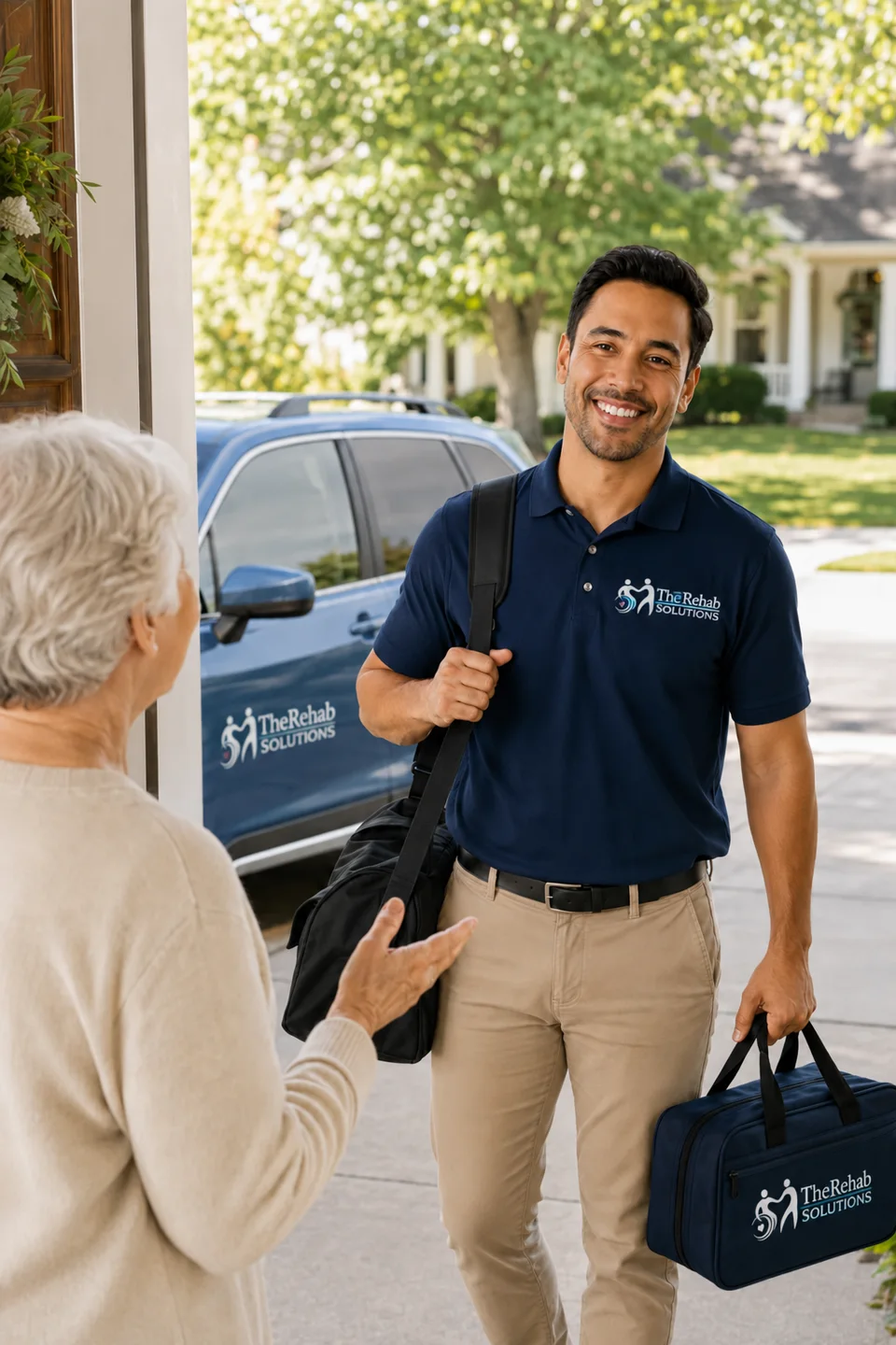 TheRehab Solutions therapist arriving for a home-based therapy visit