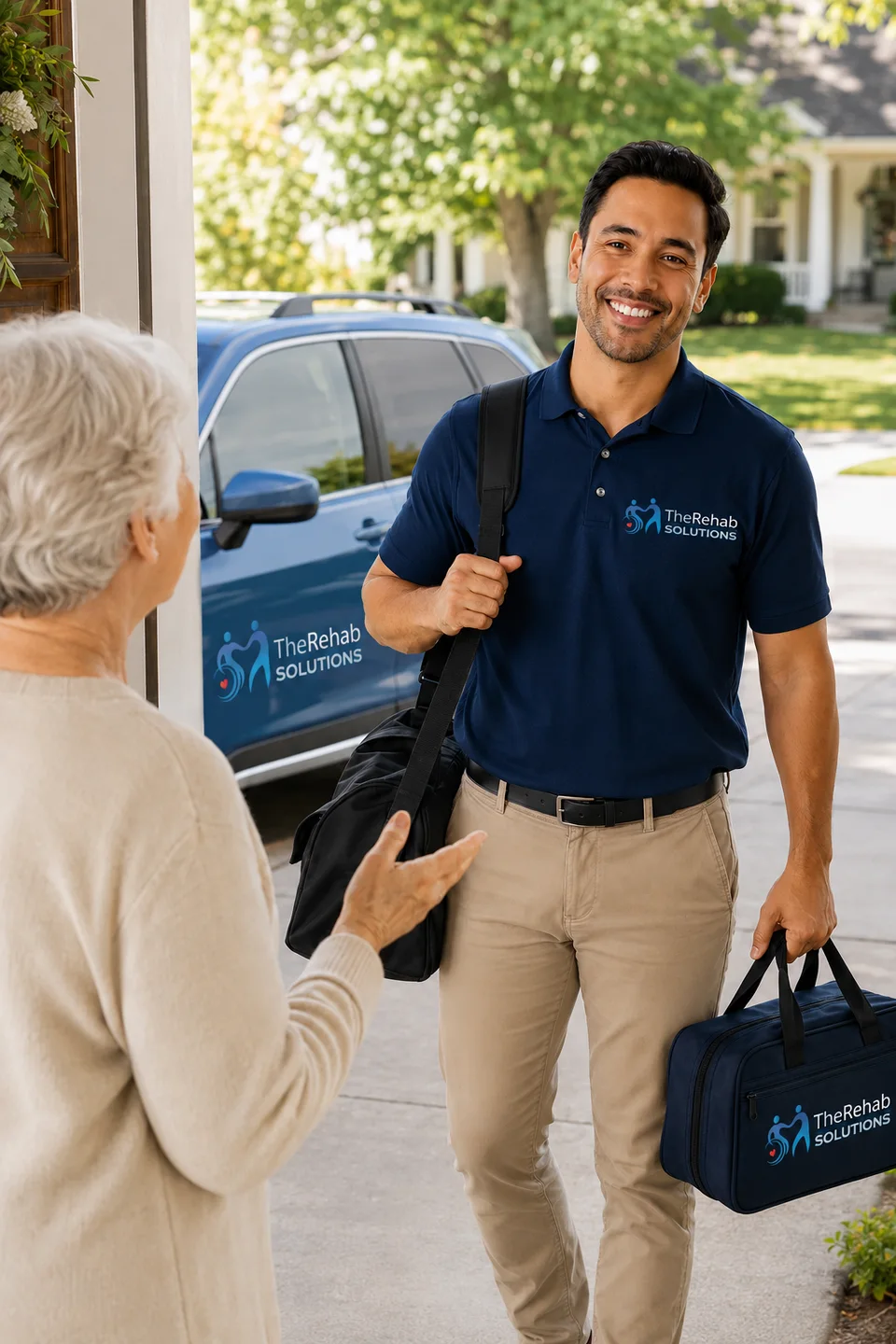 TheRehab Solutions therapist arriving for a home-based therapy visit