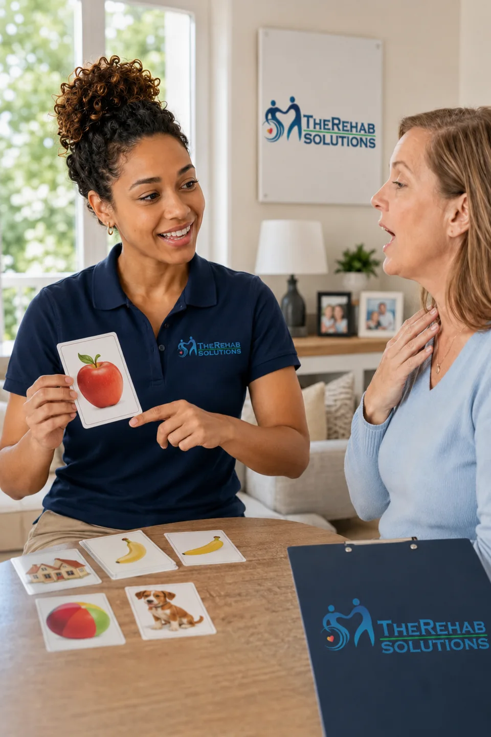 TheRehab Solutions speech therapist using picture cards during home therapy